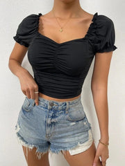 RUCHED FRONT SWEETHEART NECK PUFF SLEEVE CROP TEE