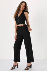 EXCEPTIONAL ENERGY BLACK SINGLE JERSEY BUTTON-UP HALTER TOP AND BOTTOM