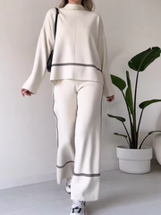 PANELLED KNIT SUIT LONG SLEEVE TURTLENECK TOP WIDE LEG PANTS