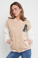 BEIGE CONTRAST SLEEVE LETTER A UNISEX VARSITY JACKET