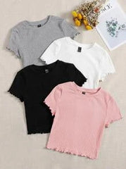 4PCS LETTUCE TRIM RIB KNIT TEE