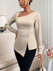 IRREGULAR HEM PLEATED LONG SLEEVE T-SHIRT