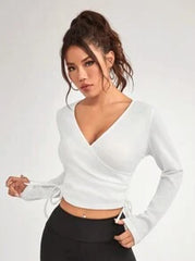 V-NECK LONG SLEEVE WRAP TOP FOR SPORTS AND LEISURE