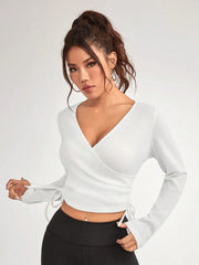 V-NECK LONG SLEEVE WRAP TOP FOR SPORTS AND LEISURE