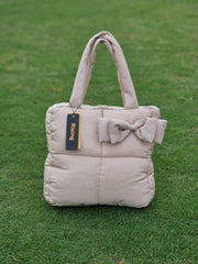 Large Square Puffy Hand Bag With Handle-Beige