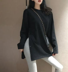 Side Button Long T-Shirt O-Neck