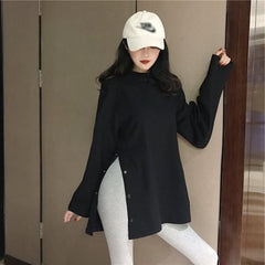 Side Button Long T-Shirt O-Neck