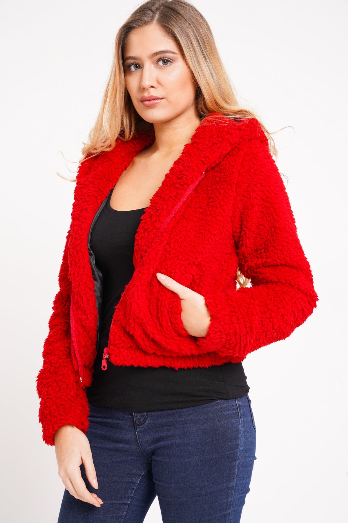 SHERPA FLEECE HOODIE JACKET M RED