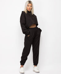 OVERSIZED CROPPED HOODIE & JOGGERS LOUNGEWEAR SET- BLACK