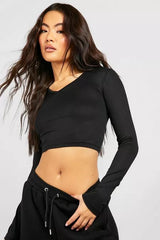 LONG SLEEVE V NECK TOP-BLACK