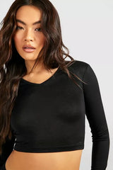 LONG SLEEVE V NECK TOP-BLACK