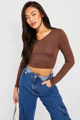 LONG SLEEVE V NECK TOP-CHOCOLATE BROWN