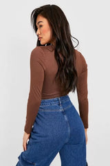 LONG SLEEVE V NECK TOP-CHOCOLATE BROWN