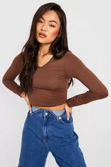 LONG SLEEVE V NECK TOP-CHOCOLATE BROWN