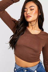 LONG SLEEVE V NECK TOP-CHOCOLATE BROWN