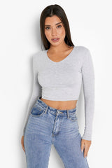 LONG SLEEVE V NECK TOP-GREY