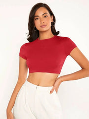 SOLID MOCK NECK CROP TOP-RED