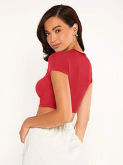 SOLID MOCK NECK CROP TOP-RED