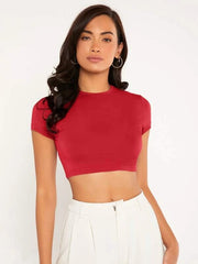 SOLID MOCK NECK CROP TOP-RED