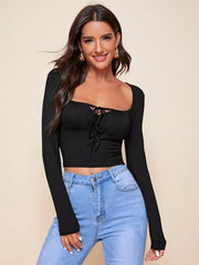 Tie Neck Ruched Bust Crop Top-Black