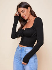 Tie Neck Ruched Bust Crop Top-Black