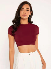 SOLID MOCK NECK CROP TOP-WINE